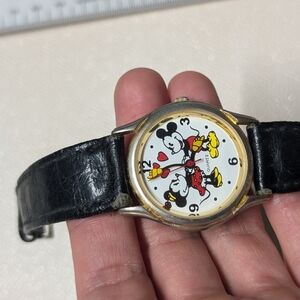 Mickey Mouse Black Leather Watch Vintage